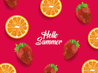 hellow summer with oranges and strawberries fruits pattern