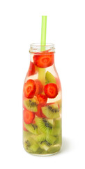 Cold fresh detox beverage of strawberry, kiwi with water in glass bottle, isolated on white background.
