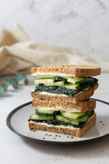 Healthy sandwich with cucumber and kale leaves. Vegan food snack, breakfast.