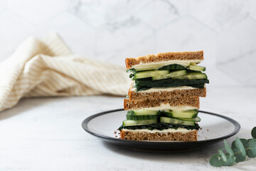 Healthy sandwich with cucumber and kale leaves. Vegan food snack, breakfast. Copy space.