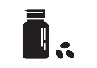 Drugstore. Medicine bottle and pills. Medicament. Black and white capsules. Vector illustration