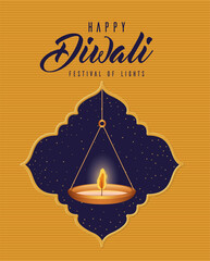 Happy diwali hanging candle in window on brown background vector design
