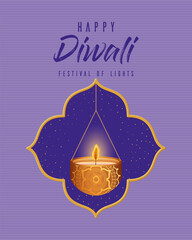 Happy diwali hanging candle in window on purple background vector design