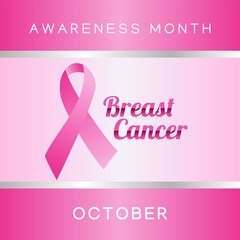 Breast cancer awareness month poster background concept design. Realistic pink bow ribbon vector illustration template