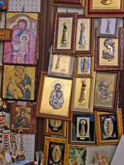 Italy, Marche, Loreto religion souvenirs shop near the Holy House basilica.  