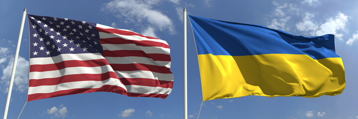 Flying flags of the USA and Ukraine on sky background, 3d rendering