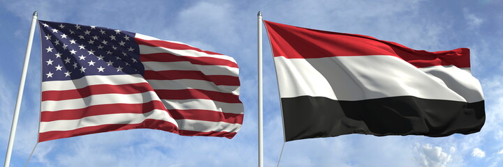 Flying flags of the USA and Yemen on sky background, 3d rendering