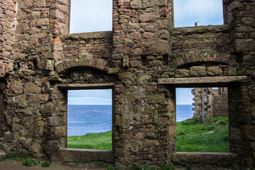 Detail of Slains Castle in Cruden Bay, Aberdeenshire, Scotland, UK