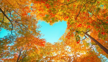 Autumn forest background. Vibrant color tree, red orange foliage in fall park. Nature change Yellow...