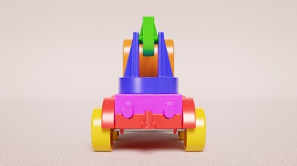 Multicolored plastic toy truck on white background. 3D illustration. Rear view. Children toys
