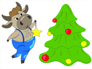 Cute bull carries star to decorate the Christmas tree. Christmas illustration