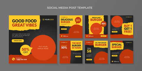 Burger social media post template. Food square banner for fast food restaurant and cafe