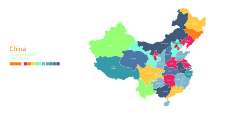 China map. Colorful detailed vector map of the Asia, Oceania, Pacific country.

