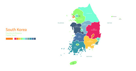South Korea map. Colorful detailed vector map of the Asia, Oceania, Pacific country.
