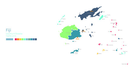 Fiji map. Colorful detailed vector map of the Asia, Oceania, Pacific country.
