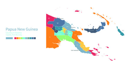 Papua new guniea map. Colorful detailed vector map of the Asia, Oceania, Pacific country.
