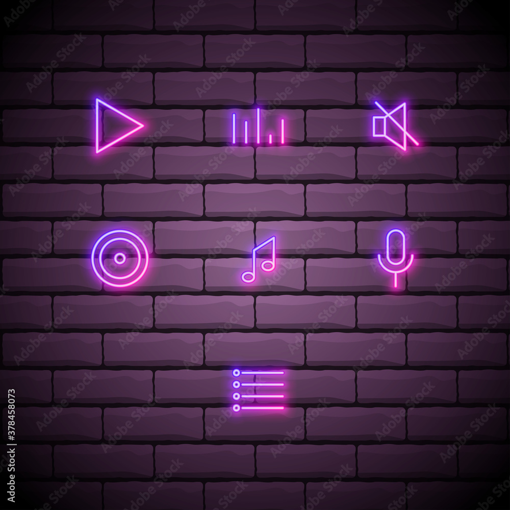 Poster set of elegant universal minimal thin line colored neon stroke music icons with color gradient on br