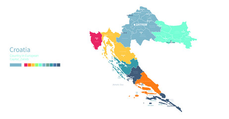 Croatia map. Colorful detailed vector map of the Europe country.