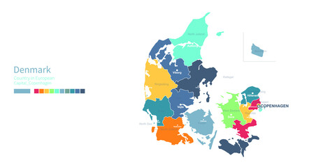 Denmark map. Colorful detailed vector map of the Europe country.
