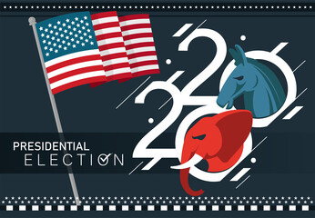 Presidential US Election Banner for year 2020. American Election campaign between democrats and republicans. Political parties. Elephant & donkey. USA flag theme