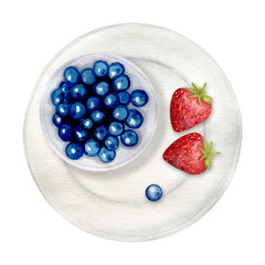 Blueberries and strawberries on plate on white background. Hand drawn Blueberry. Watercolor painting of berries. Botanical illustration
