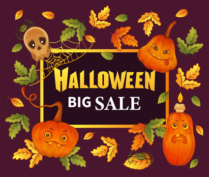 Halloween big sale. Special promotional offer. Hand drawn funny pumpkins, skull, leaves with lettering. Discounts for autumn holiday shopping. Vector illustration for voucher, flier, promotion poster
