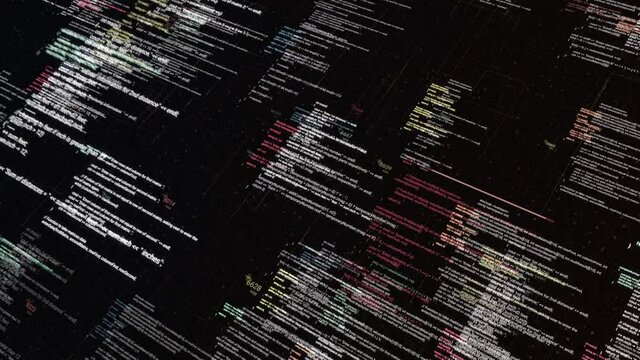 Abstract running random lines of abstract code. Animation. Tons of changing and moving data on black background, seamless loop, concept of modern technologies.