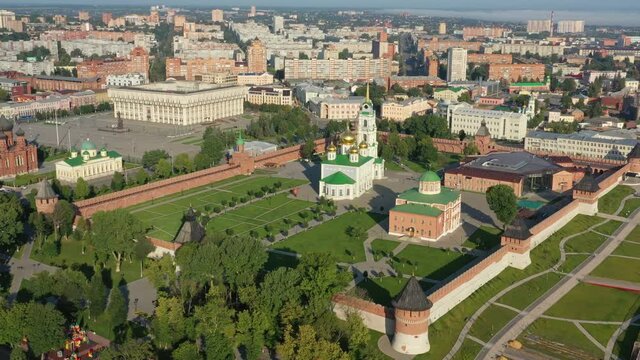 Aerial around view of Tula Kremlin and Epiphany Cathedral, city downtown, 4k