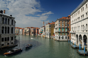 Boats on the Grand Canal viewed from the Rialto bridge in Venice