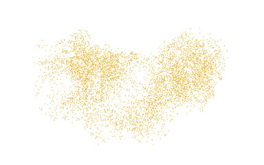 Fototapeta na wymiar Background plume golden texture crumbs. Gold dust scattering on a white background. Sand particles grain or sand assembled. Vector backdrop dune, pieces abstraction. Illustration grunge for design