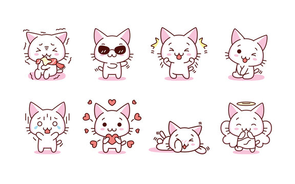 Isolated set kitty loving emoji cute sticker icon- Vector