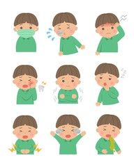 9 kinds of cute children sick, fever, sickness, crying, cartoon comic vector illustration, set, isolated