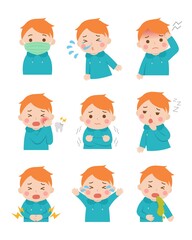 9 kinds of cute children sick, fever, sickness, crying, cartoon comic vector illustration, set, isolated