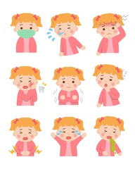 9 kinds of cute children sick, fever, sickness, crying, cartoon comic vector illustration, set, isolated