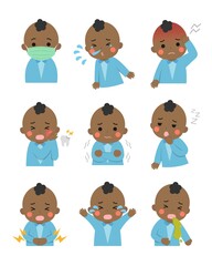 9 kinds of cute children sick, fever, sickness, crying, cartoon comic vector illustration, set, isolated