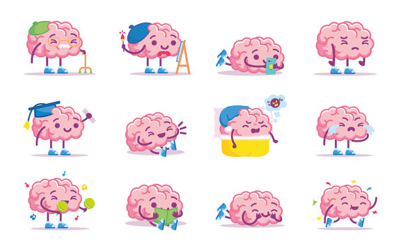 Isolated set of group of brain emoji emotion cute icon- Vector