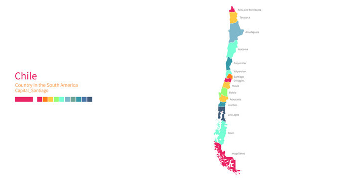 Chile map. Colorful detailed vector map of the South America, Latin America country.