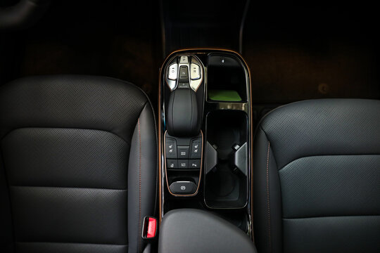 Top View Image Of Luxury Gear Shift Knob Of Korean Car With Function Button.