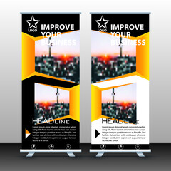 oll Up banner stand. Presentation concept. Black Yellow Corporate business roll up template background. Vertical template billboard, banner stand flag design layout. Poster for conference forum, shop