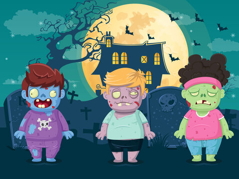 Vector illustration of halloween on moon night background with zombies. Illustration used for kid and children's holiday design, cards, banner