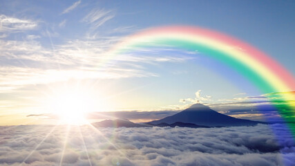 富士山を取り巻く雲海と日の出の抽象的な背景