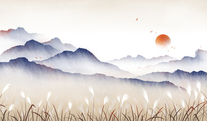 Ink and wash landscape painting. Oriental traditional painting.