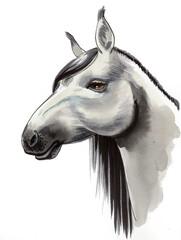 Beautiful white horse head. Ink and watercolor drawing
