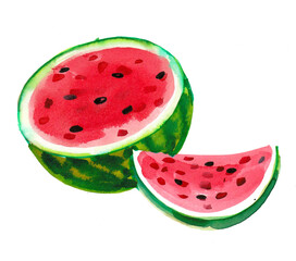 Fresh juicy ripe sweet watermelon. Watercolor painting
