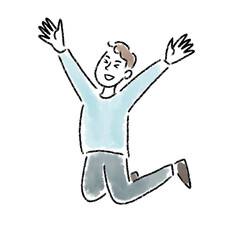 ジャンプ　喜ぶ　男性　若い　水彩　手描き
