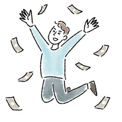 ジャンプ　喜ぶ　男性　若い　お金　水彩　手描き
