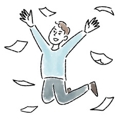 ジャンプ　喜ぶ　男性　若い　書類　水彩　手描き
