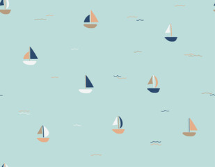 Cute pattern withe little boats. For fashion, fabrics, t-shirt prints, birthday party, scrapbook. Vector illustration with light green brackground - 378469079