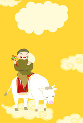 白い牛に乗った七福神・大黒天の年賀状イラスト2021