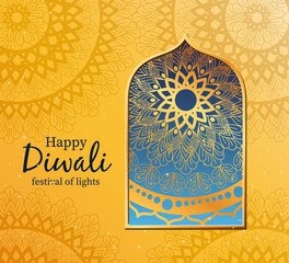 Happy diwali mandala in frame on yellow background vector design